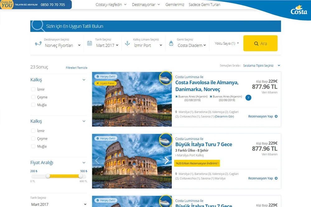 Costa Cruises UI/UX Otel Listesi
