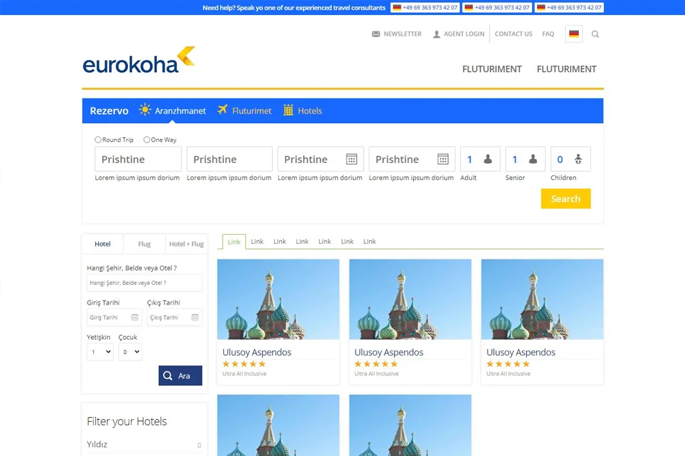 Kosova Airlines Web Arama Ekranı